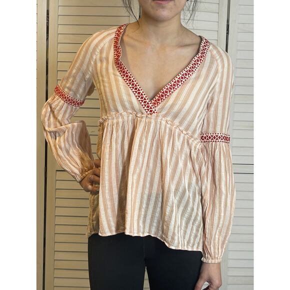 Lem Lem Striped V Neck Blouse Pink Cotton Size Small - Picture 2 of 13